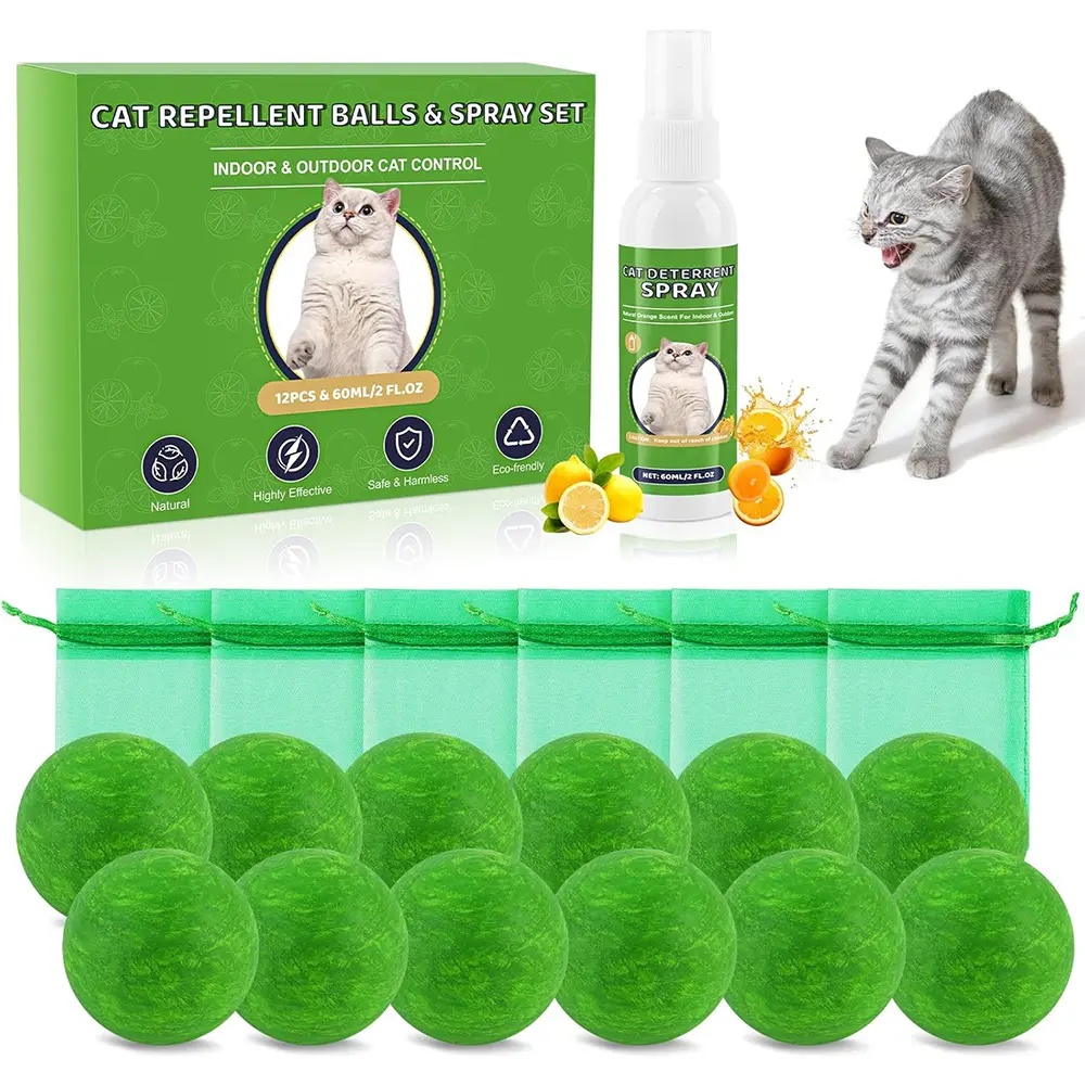 Cat Repellent Balls & Spray, Dog Repellent Outdoor & Indoor, Natural Peppermint Oil Cat & Dog Deterrent Spray 60ml, 12 Pack Natural Essential Oil Ball, Keep Cats Away from Yard, Furniture