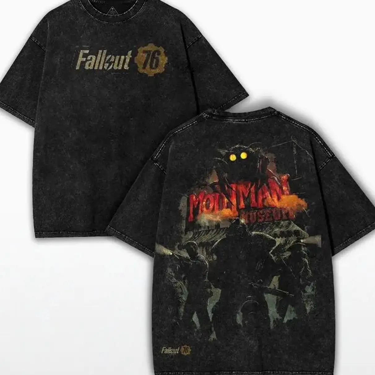 Fallout 76 Mothman Museum Tee – Vintage Washed Oversized Heavy Cotton Gaming Shirt with Dual-Sided Graphic | Wasteland Collector Drop TY4