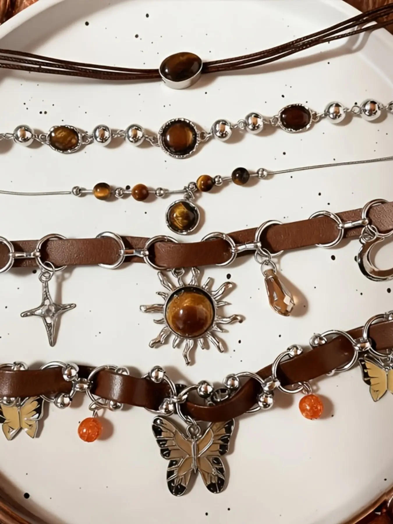 Vintage Bohemian Punk Style Choker Set, Leather Chain Necklace, Dangling Charms Necklace, Tiger Eye Stone Sun Pendant, Butterfly Charm, Layered Ethnic Jewelry, Dainty Layering Jewelry, Boho Style Jewelry, Fashion Jewelry, Dainty Necklaces