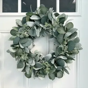 18-Inch Eucalyptus and Lamb Ear Wreath, Neutral Door Wreath, Rustic Style Seasonal Decor, Perfect for Front Doors, Front Porch Decor, Year-Round Decoration