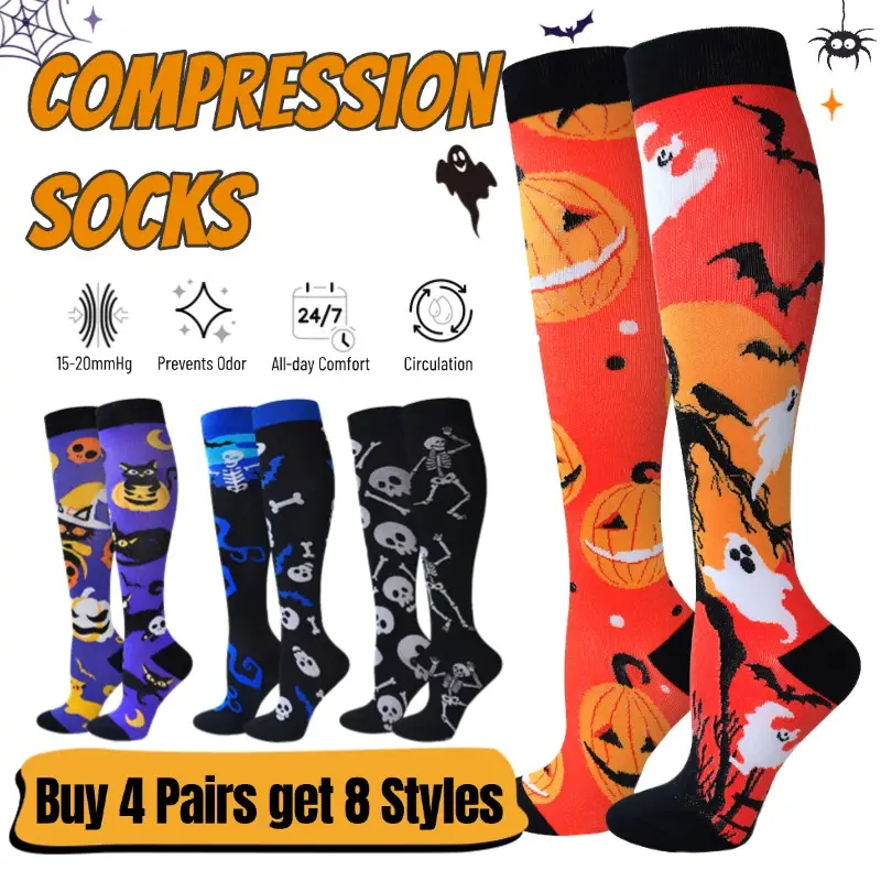 ISUNIE Halloween Compression Socks for Men & Women - 4 Pairs, Best Circulatory Socks Soft Breathable Plain, Summer Turn-Up, Memorial Day