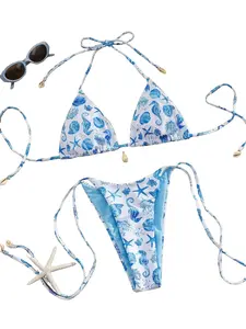Women's Bikini Set, Halter Neck Bikini Swimsuit, Ocean Animal Pattern Design, Shell Accessory Included, Sexy & Cute Beachwear, Summer Swimsuit Set, All Season Fashion