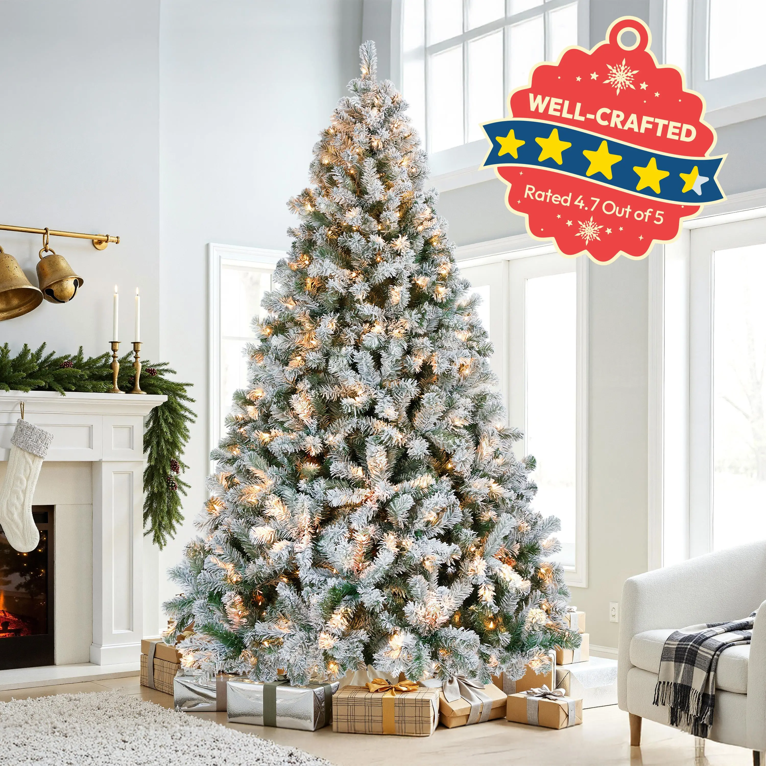 【Lush & Full】Yaheetech 4.5/6/7.5/9FT Snow Flocked Pre-lit Artificial Christmas Tree with 250 Warm White Lights, 820 Branch Tips & Foldable Metal Stand, Perfect for Home, Holiday Décor & Christmas Gift