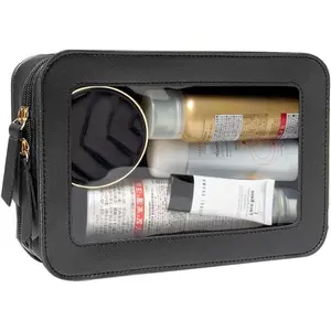 Clear Makeup Bag, Black Travel Makeup Pouch Toiletry Bag for Women Waterproof Small Cosmetic Bag Case Small Make Bag with Zipper Car Organizer Car Essentials for Women Men