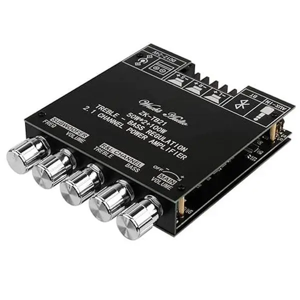 ZK-TB21 Bluetooth 5.0 Audio Amplifier Board - 2.1CH 50Wx2 +100W Subwoofer Power Unit with Treble/Bass Control, AUX Inputs, Digital Stereo Unit for DIY Home Speakers, Guitar, Headphones