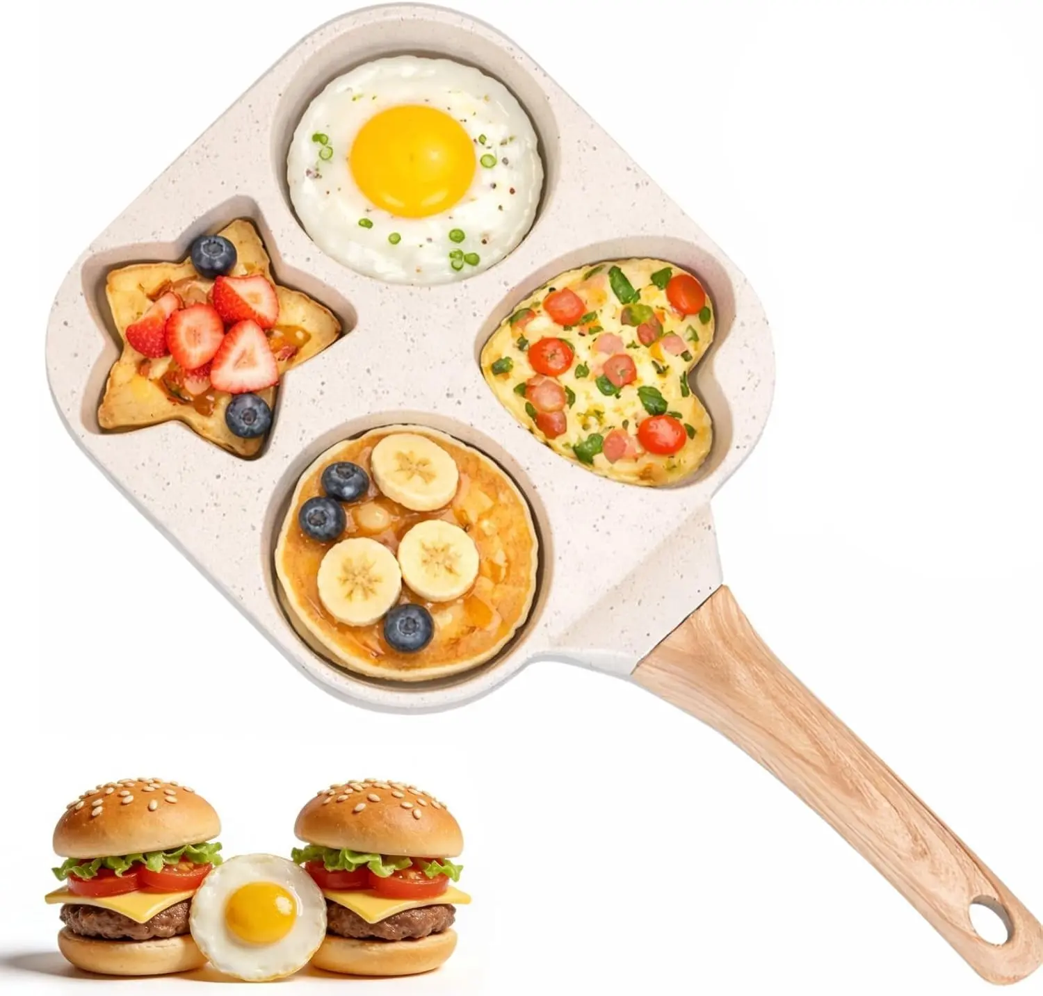 Multifunctional Non-stick Egg Frying Pan – 4 Holes Skillet with Wooden Handle,Medical Stone,Breakfast Skillet for Eggs,Pancakes,Burgers & Sandwiches,Multi-Section Omelet Maker,Kitchen Gadget for Busy mom,Dorm & Apartment Essentials Cookware