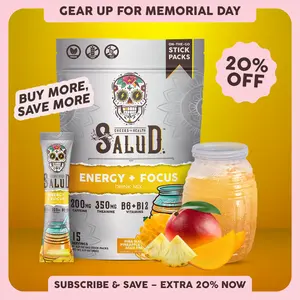Salud 2-in-1 [Energy + Focus – Piña Mango] Clean Energy Drink Mix, Agua Fresca, Organic Caffeine (200mg), L-Theanine (350mg), B6 & B12, Non-GMO, Gluten Free, Vegan, Low Calorie, 1g Sugar (15 Servings)