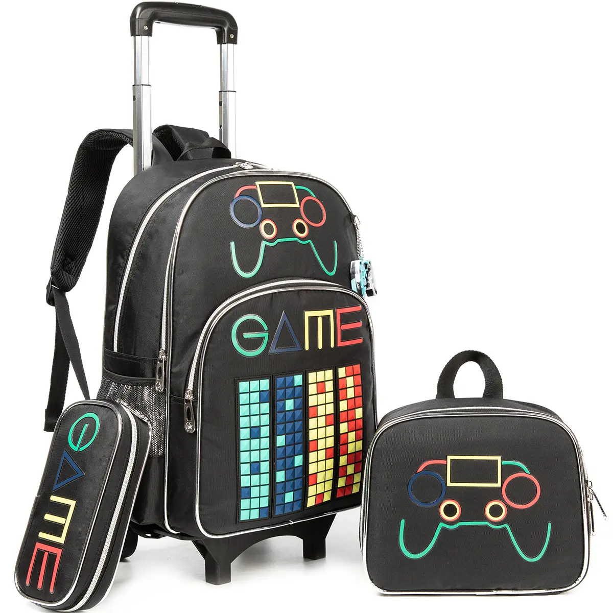 3-Piece School Set for Children, Cartoon Galaxy Pattern Bags Including a Coordinating Lunch Box and Pencil Case, Zip, Graphic, Backpack, Cute, Boys, Chic, Polyester, Minimalist, Plaid, Waterproof, Street, Built-In Organizer