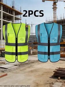 Yellow and light blue high visibility safety vest suitable for construction and traffic control work, with two pockets and reflective strip - two pieces
