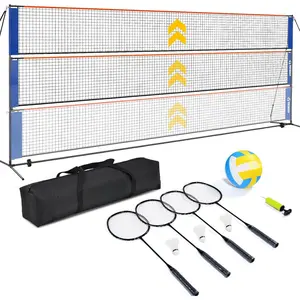 Volleyball Badminton Pickleball 3-in-1 Combo Net Set for Backyards, 5.1-7.4ft Adjustable Height Freestanding Indoor  Nets, Portable 17ft Outdoor Net with Carry Bag, Rackets and Balls