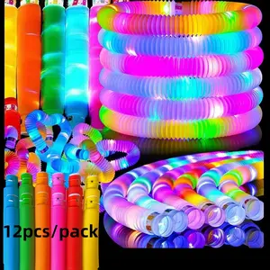 12pcs LED Light Up Pop Tubes Popit Sensory Toys Glow Sticks Stretch Toys  Decompression Puzzle Toy for Kids Christmas Party Gift