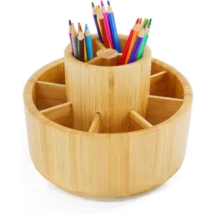 360° Rotating Bamboo Desk Organizer Heavy Duty Multi-Use Art Supply Caddy for Pens Markers Pencils Makeup Paint Brushes All-in-One Storage Holder with 11 Removable Compartments