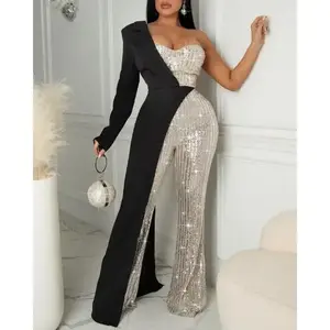 Summer Autumn Women's Sequined Blazer Wide Leg Jumpsuits 2025 Evening Party One Piece Set Romper Playsuit Light Black Beige Check Overalls