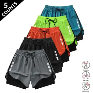 Pack of 5 men’s casual athletic shorts featuring a patchwork faux two-piece design; breathable, quick-dry summer fabric for everyday wear and running; men’s mid-thigh basketball shorts; quick-dry fitness shorts for men; striped waistband with drawstring;