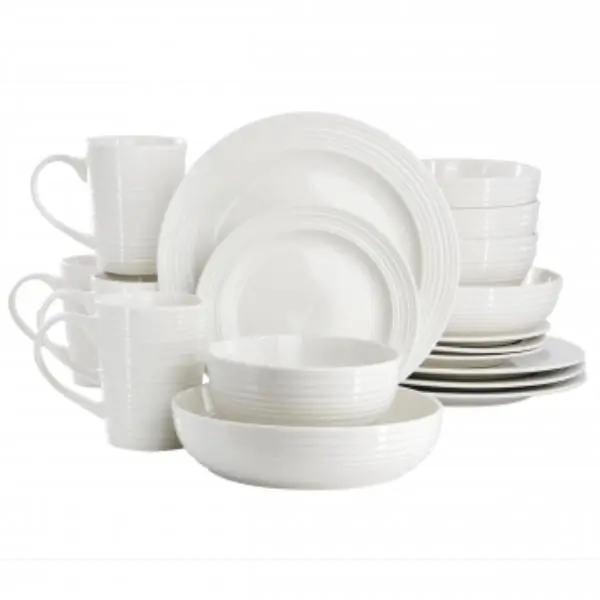 Elama ELM-NIKKI-18 Nikki Ribbed White Porcelain Dinnerware & Serving Bowl Set - 18 Piece