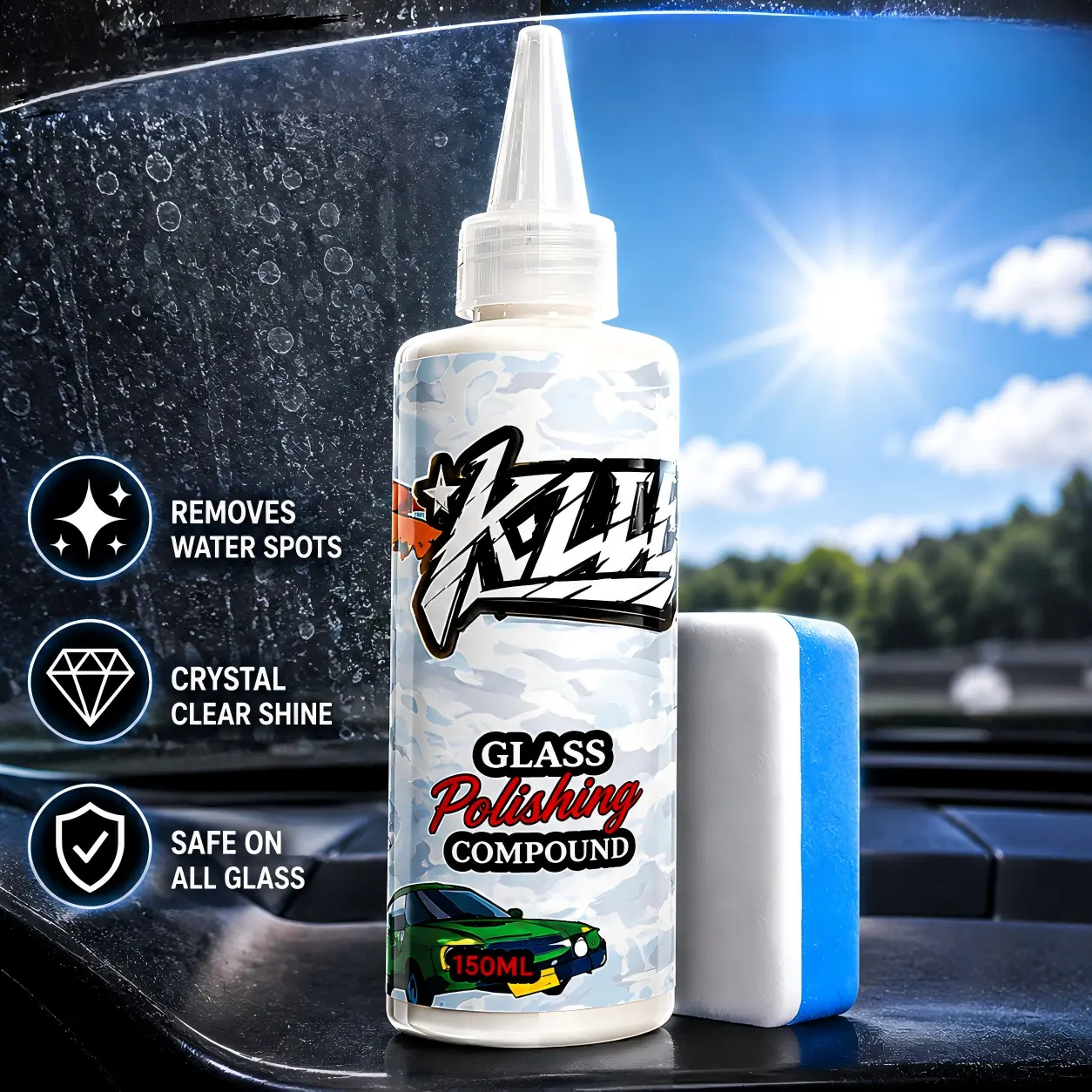Glass Polish & Water Spot Remover – Removes Oil Film, Hard Water Stains & Wiper Marks | Restores Crystal Clear Visibility | Hydrophobic Glass Coating Protection