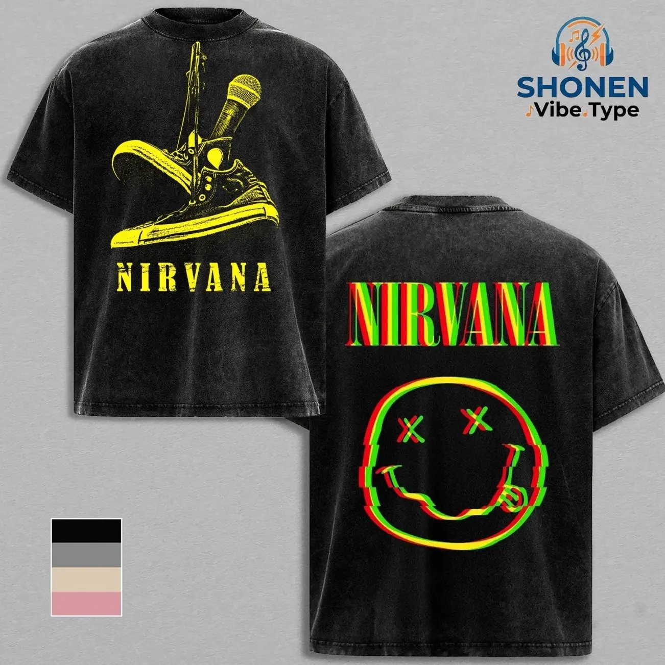 Nirvana Glitch Smiley Face Vintage Acid Wash Tee & Hoodie, Oversized Heavyweight Pullover Sweatshirt, 90s Grunge Rock Band Merch, Streetwear for Men, Retro Alternative Music, Gift For Fan I5L