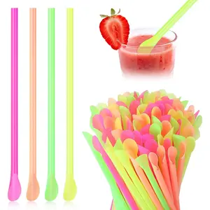 1000 Pcs Flexible Disposable Plastic Snow Cone Spoon Straws, Multicolor Disposable Sip Stir Sticks (Yellow, Green, Orange, Rose Red)