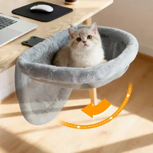 Cat Desk Bed – Foldable Space-Saving Semi-Circular Cat Bed with One-Click Setup, Soft Faux Fur Cushion, Sturdy Design Holds Up to 40 lbs