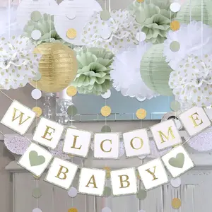 luckylibra Baby Shower Decorations,Welcome Baby Banners Paper Lantern Paper Flower Pom Poms(Sage Green Gold White)
