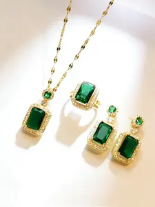 Vintage Jewelry Set, Fashion Square Shaped Green Gemstone Decorated Necklace & Earrings & Ring, Trendy All-match & Exquisite Jewelry Set for Birthday Gift, Elegant Jewelry Set