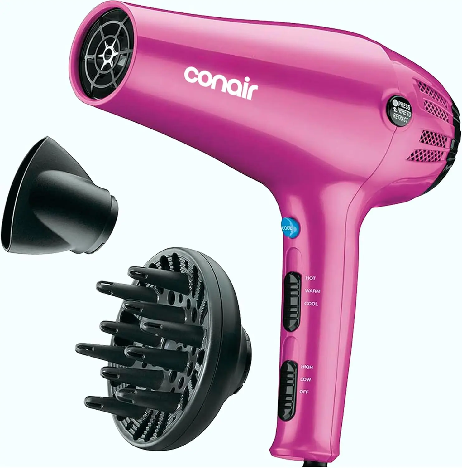 Conair Hair Dryer with Diffuser and Concentrator, 1875W, Pink | Blow dryer with ionic tourmaline technology, 3 heat settings, and 2 speed options to efficiently style all hair types