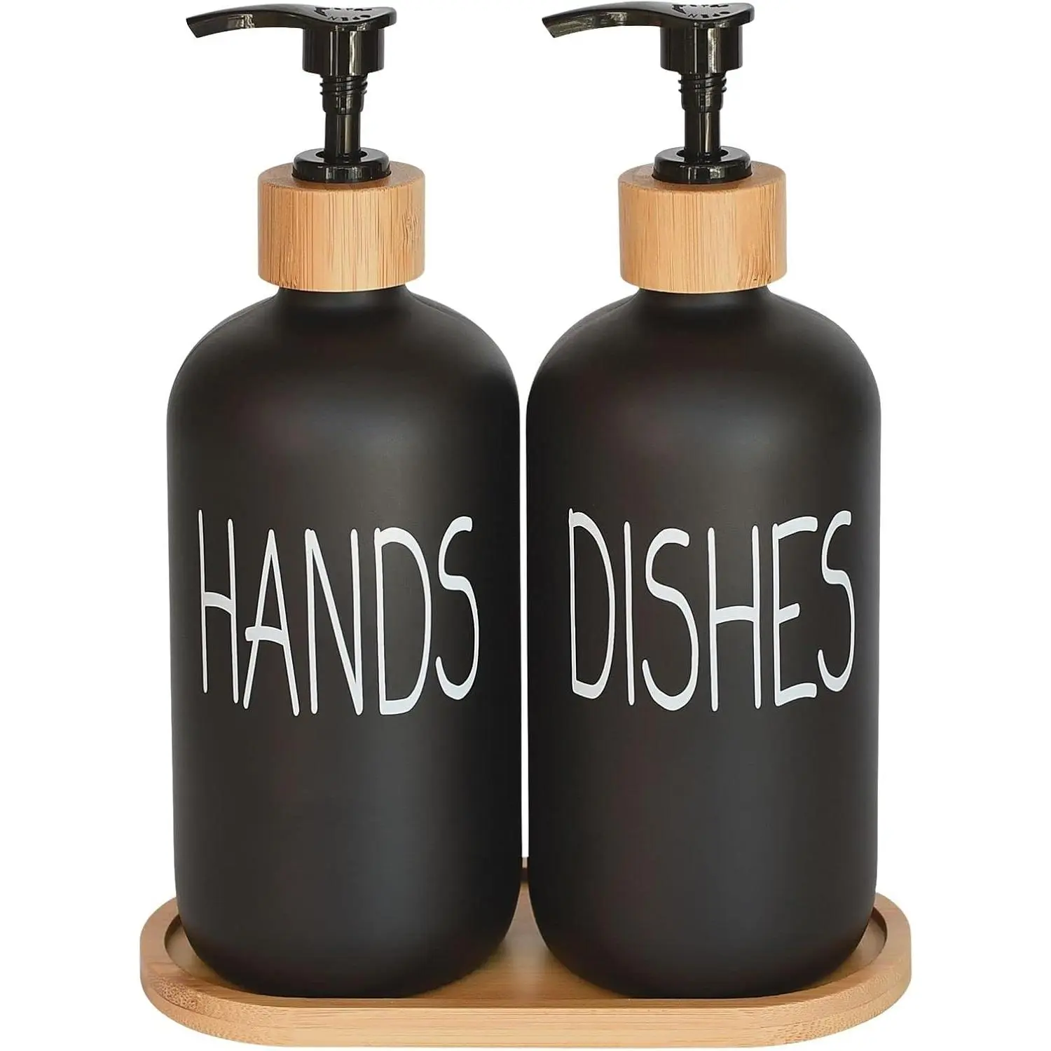 Glass Soap Dispenser Set. Hand and Dish with Bamboo Tray. Pump for Kitchen Drain Outlet Bathroom. Permanent Labels (Matte Black)