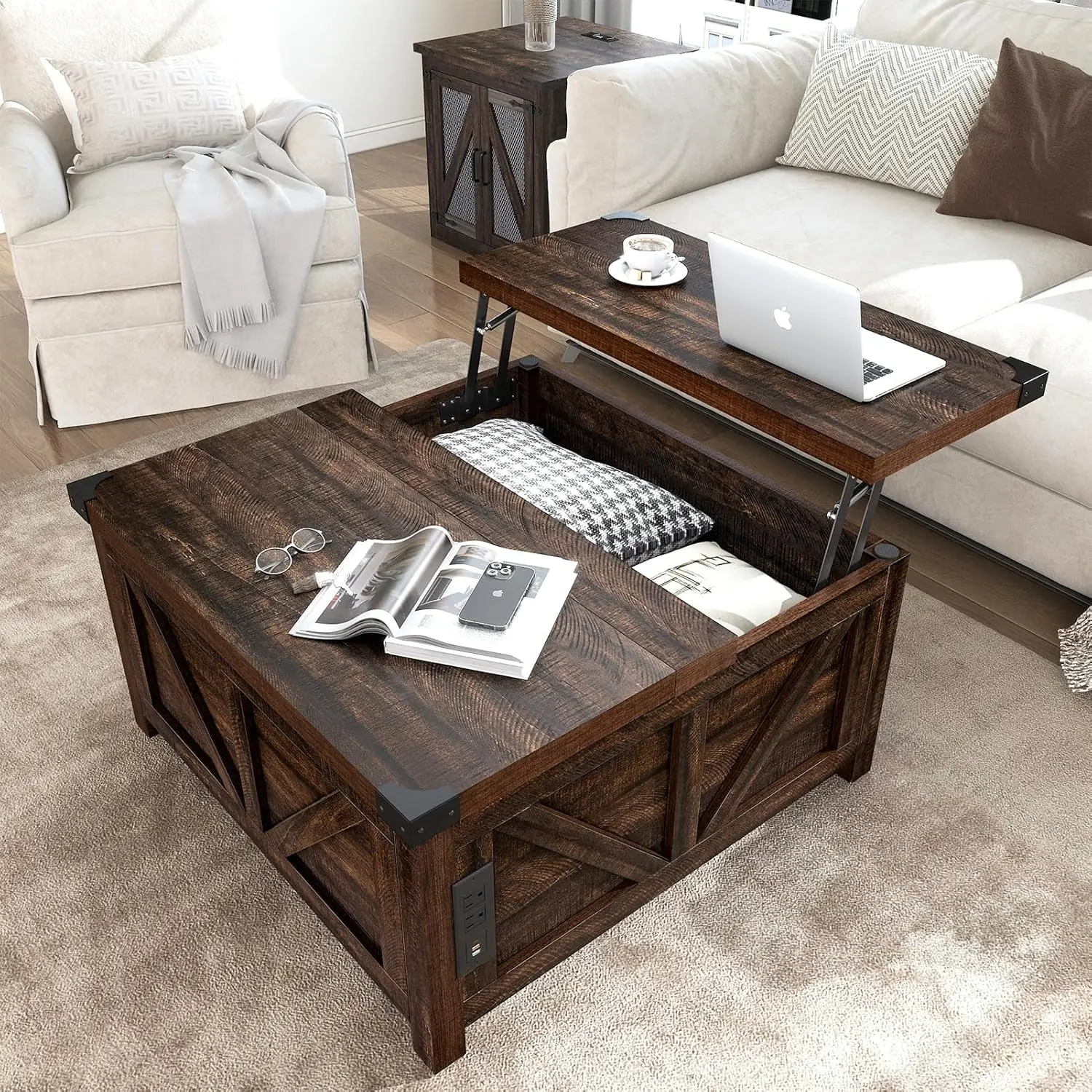 Farmhouse Lift Top Coffee Table with Storage, Wood Square Center Table with Charging Station&USB Ports, Living Room Central Table w/Large Hidden Space