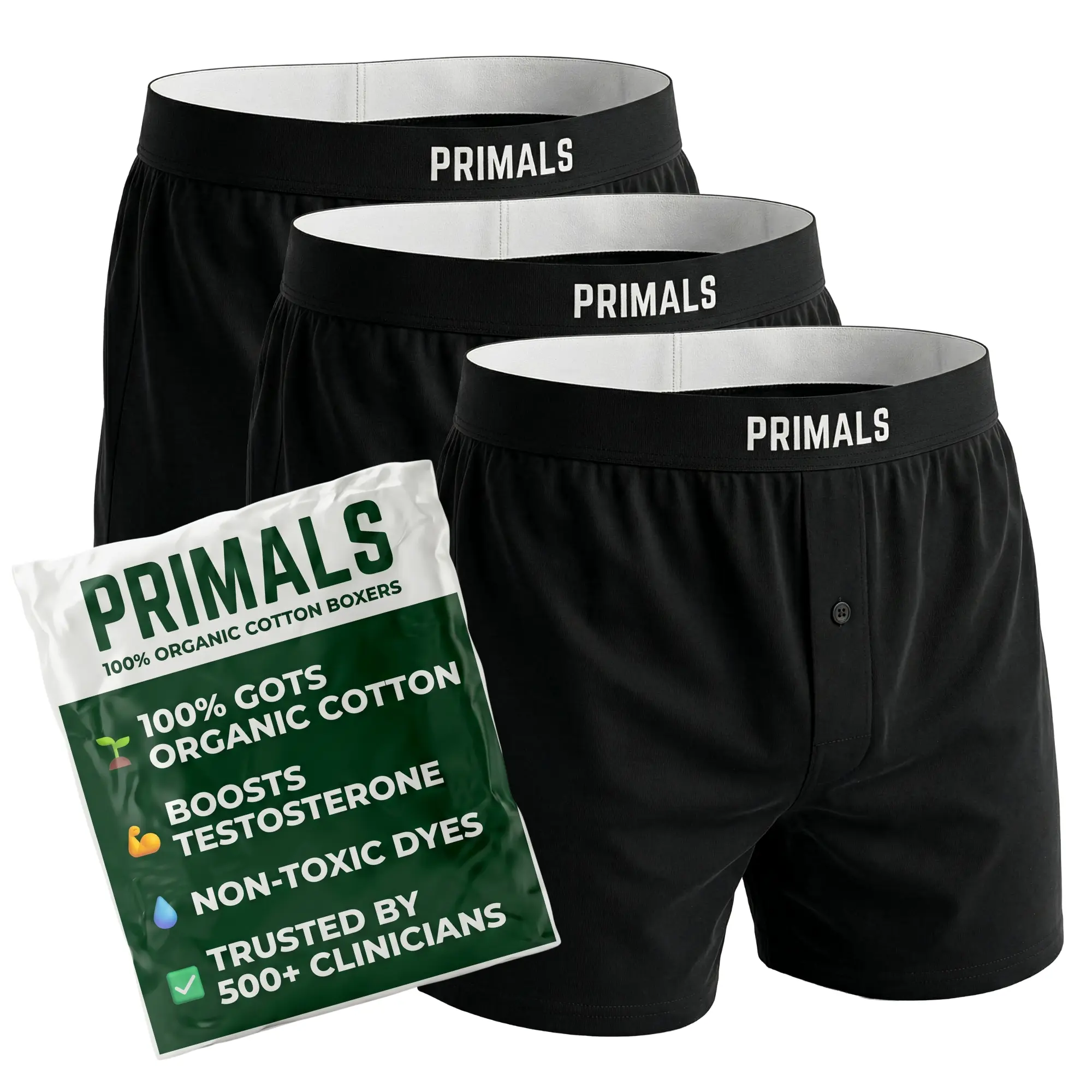 PRIMALS 100% Organic Cotton Boxers - Improves Testosterone & Fertility - GOTS Certified 100% Organic Cotton - Approved by 500+ Clinicians - Soft & Breathable - Zero Polyester or Plastic - Midnight Black (3 Pack)