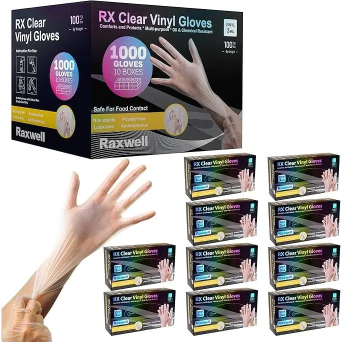 Raxwell Clear Latex & Powder Free 3 Mil Vinyl Disposable Gloves | Disposable Plastic, Food Handling, Cooking, Cleaning & Hair Dye Work Gloves | Bulk
