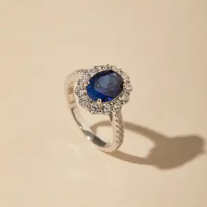 Blue Sapphire Halo Ring, Oval Cut Moissanite Engagement Ring, Sterling Silver Statement Ring, Sapphire Ring Gift