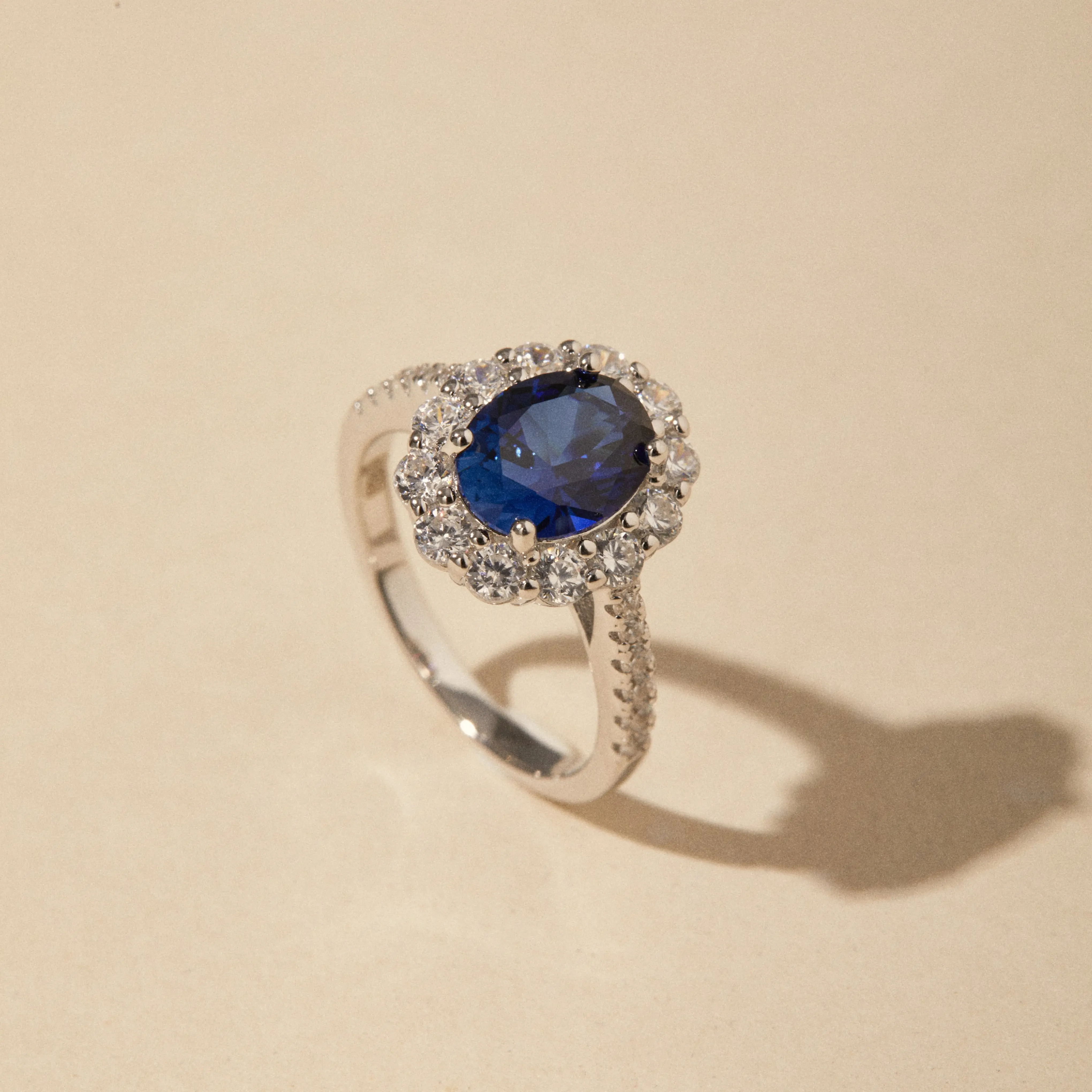 Blue Sapphire Halo Ring, Oval Cut Moissanite Engagement Ring, Sterling Silver Statement Ring, Sapphire Ring Gift