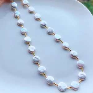 Piswency Circle Baroque Freshwater Pearl Necklace and Bracelet Set, 18K Gold Plated 925 Sterling Silver Spacer Jewelry Gift for Her