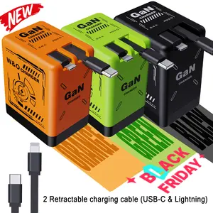 2 in 1 GaN Charger(Type C/Lightning) | Wall Charger | Retractable Type-C Cable + Foldable Plug | Dual Smart Charging Ports | Travel Charger for iPhone | Gift Under $20 Smartphone Electronic Device Cellphone charger