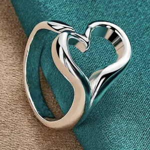 Hollow Heart Adjustable Ring for Women – Minimalist Open Band Love Ring, Silver Fashion Jewelry