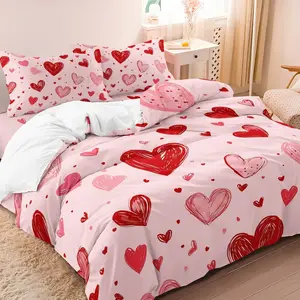 3pcs couple Pink Hearty Duvet Cover Set Heart Pattern Blanket Set All Season Comforter Bedding Set (1 Duvet Cover + 2 Pillowcases, No Core) 2D Flat Gifting