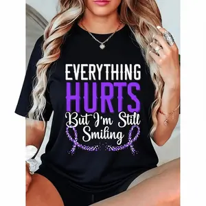 Lupus Awareness "Everything Hurts But I'm Still Smiling" Graphic T-Shirt - Black with Purple Lettering & Floral Accents, Unisex Casual Short Sleeve Tee, Machine Washable, Lupus Awareness Products
