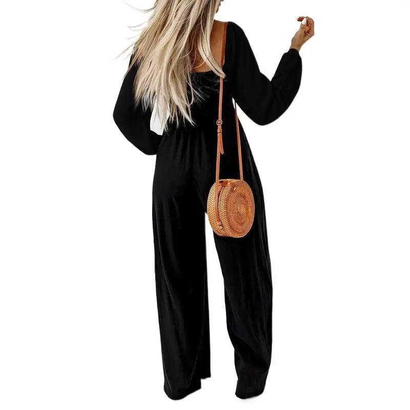 Women's Elegant Wide Leg Jumpsuit with Long Puff Sleeves, Smocked High Waist, Square Neck Backless Design for Vacation, Cute, Chic, Long Sleeve, Dressy, Dress, Outfits, Beach, Polyester, Drawstring, Baggy