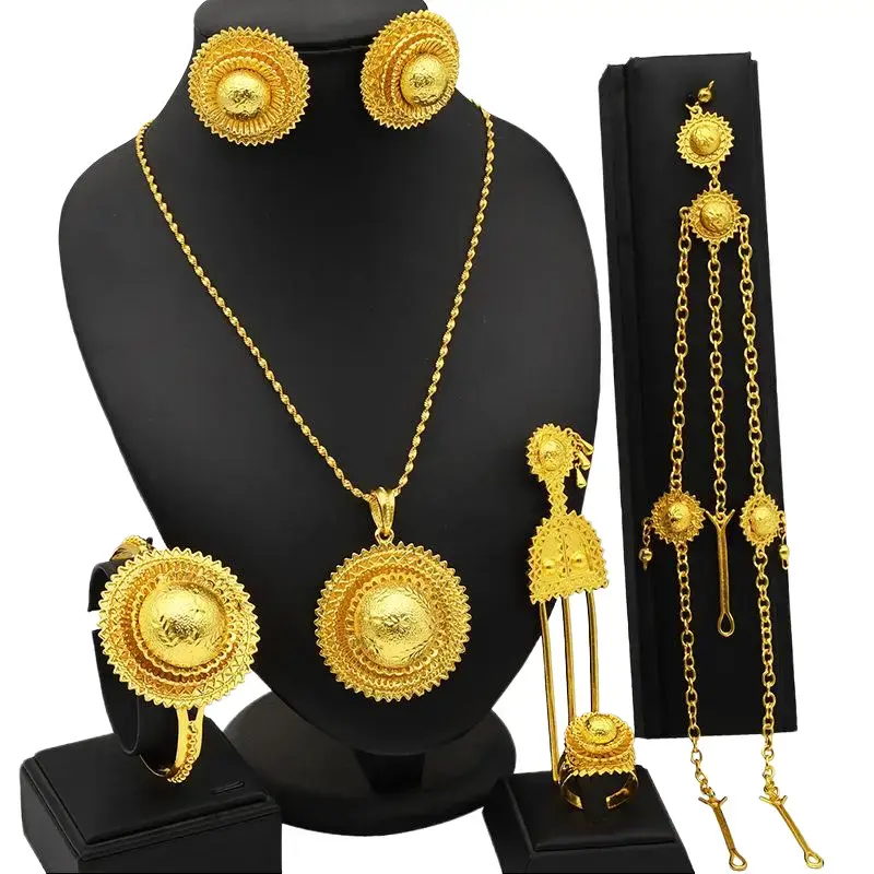 Gold Plated Jewelry Set for Women, 6-Piece Elegant Dubai Style with Floral Pattern, Includes Necklace, Drop Earrings, Ring, Bracelet & Hair Pin, Earrings Set, Flowers Jewelry Sets Gold Jewelry Set
