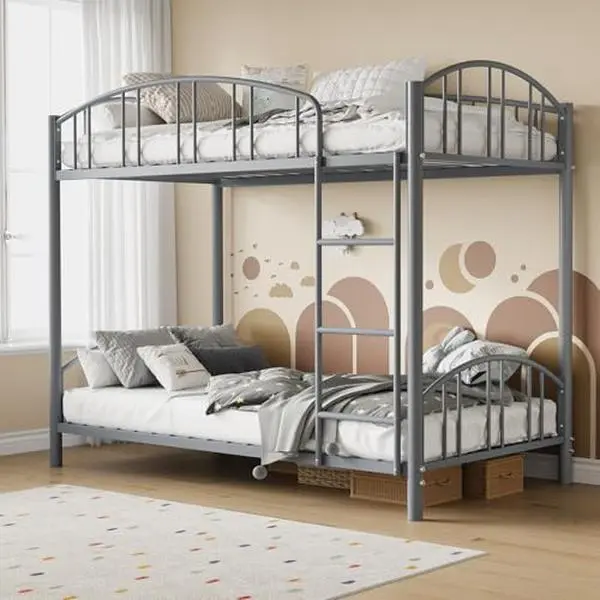 Kids' Twin Over Twin Bunk Bed - Ladder, Arched Rail, Silent Heavy-Duty Steel Slats Support Frame, 350 lbs Per Bunk, Space-Saving, No Box Spring Needed, Stable Durable Gray Indoor Furniture, Easy Setup, 2 Users, Guest Room Use, Assembly Required