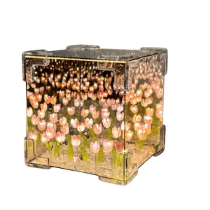 Tulip Cube Mirror Night Light, Multi-Color Options, Battery Powered, Bedroom Living Room Decor, Valentine's Day Gift, Ambient Night Light, Ambient Night Lamp
