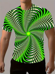 Men's Neon Green and Black 3D Digital Print T-Shirt - Glow-in-the-Dark Street Style Summer Tee with Psychedelic Swirl Pattern, Crew Neck for Casual and  Styling, Suitable for Parties, Festivals, and Daily Wear - Machine Washable Regular Fit