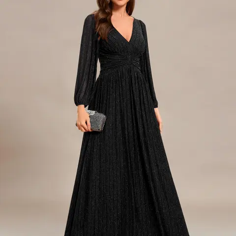 Ever-Pretty 01961 2026 Women's Black Glittery Sequin Polyester Formal Dress - Long Lantern Sleeves, Empire Waist, A-Line, Concealed Zipper, Formal Wear for Anniversary, Romance, Fall Cocktail Wedding Guest Events