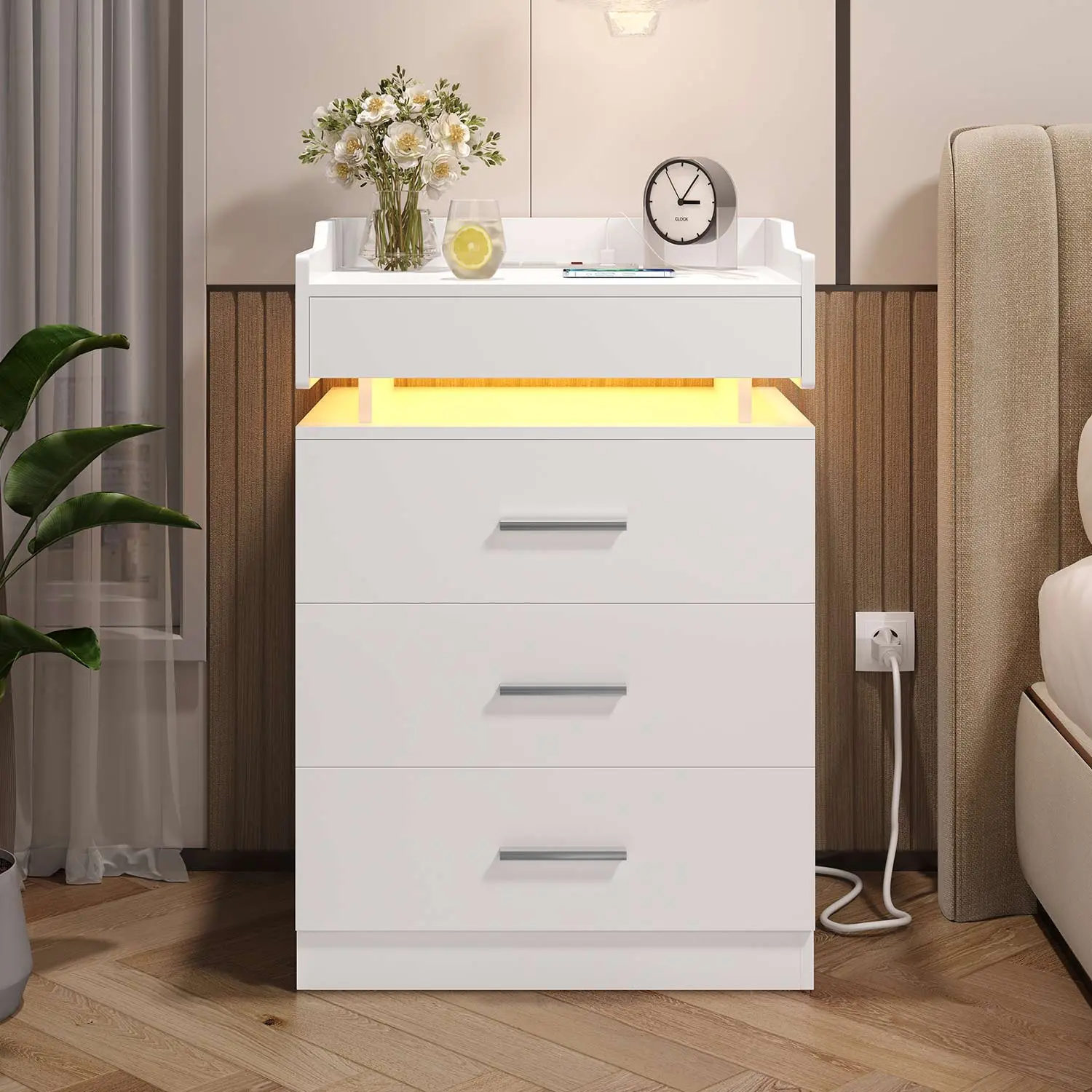 SIKAIC LED Bedside Table - Modern White Extendable Metal Nightstand with Built-in Power Strip, USB Ports, Outlets, Red Switch, Raised Baffles Stop Drops, Charging Station for Indoor Bedroom Vanity & Storage
