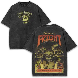 Freddy Fazbear’s x Five Nights at Freddy’s – Washed Horrorcore Tee with Glitched Mascot Back Art & Oversized Nightshift Fit Cotton Menswear
