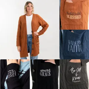 Love in Faith | Cable Knit Cardigan with Embroidered Christian Design – Cozy, Button-Front Sweater | Faithwear for Everyday Style