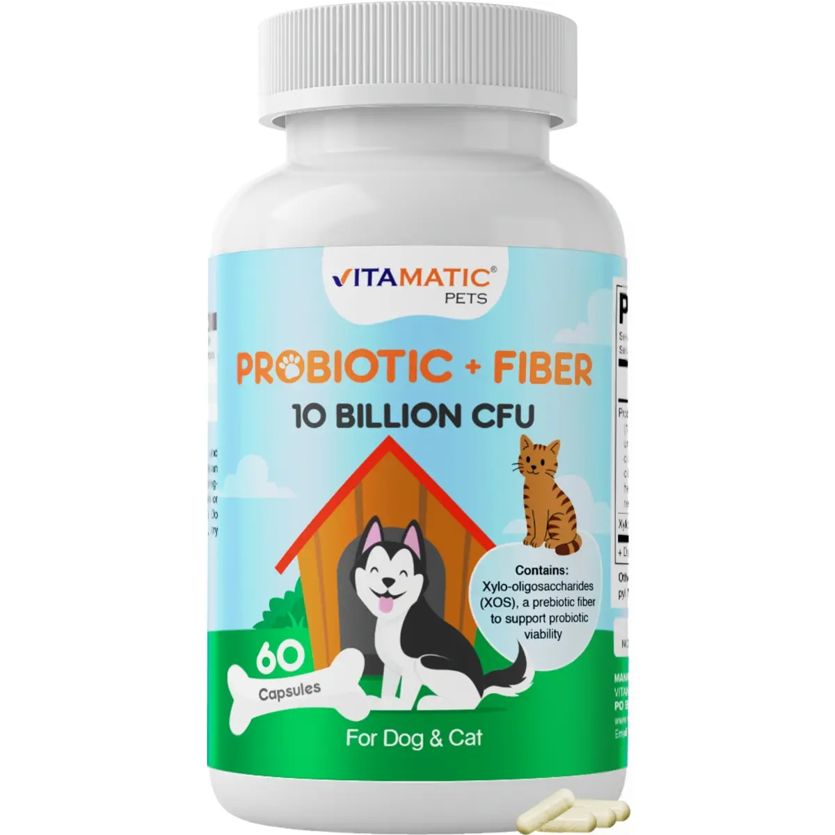 Vitamatic Pets Probiotic + Fiber for Dogs & Cats, 10 Billion CFU Multi-Strain Probiotic with XOS Prebiotic, Delayed-Release Capsules, Non-GMO, 60 Capsules, No Artificial Preservatives, Fiber Probiotics Blended Vitamins And Minerals Supplements