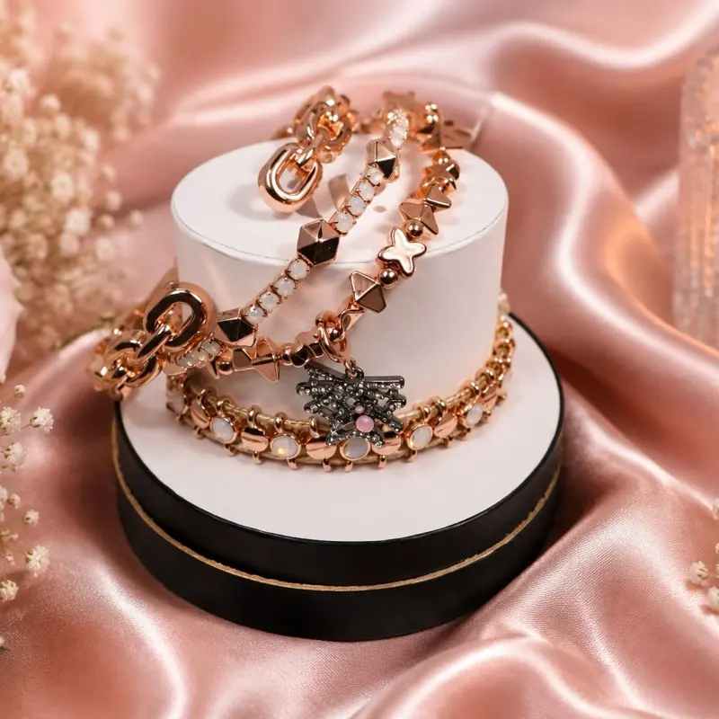 BP Rare Unicorn Charm Stackable Bangle Bracelets Jewelry - Adjustable Rose Gold-Hematite Plated Metal, Gemstone Accents, Charm Bracelet, Removable