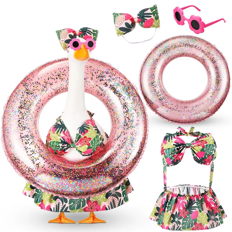 Summer Porch Goose Outfit Bikini for 23" Plastic/ Cement Goose Statues(not included goose), Hawaii Porch Goose Clothes with Sunglasses and Swimming Tube, Porch Goose Costume Garden Pool Patio Lawn Yard Decor