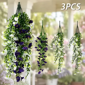 3PCS Purple White Morning Glory Hanging Vines, Outdoor UV Resistant Faux Flowers, Realistic Plastic Artificial Hanging Plants, No Maintenance Porch Patio Garden Courtyard Wedding Home Decor Decoration
